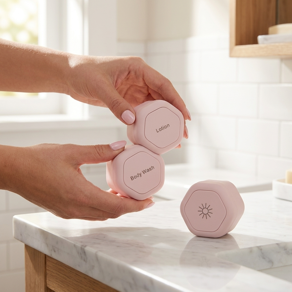 SnapPods pink magnetic capsules snapping together on marble vanity