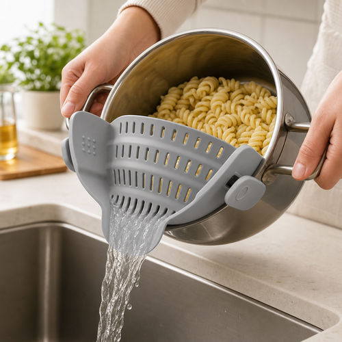 DrainMate light grey strainer draining pasta over sink