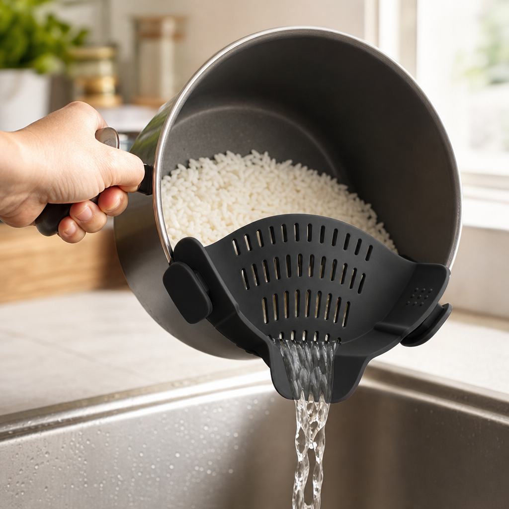DrainMate black strainer draining rice