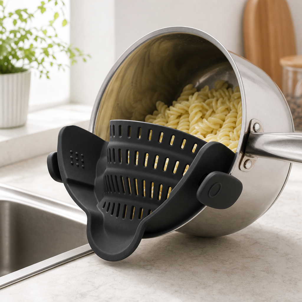 DrainMate black strainer on pot countertop