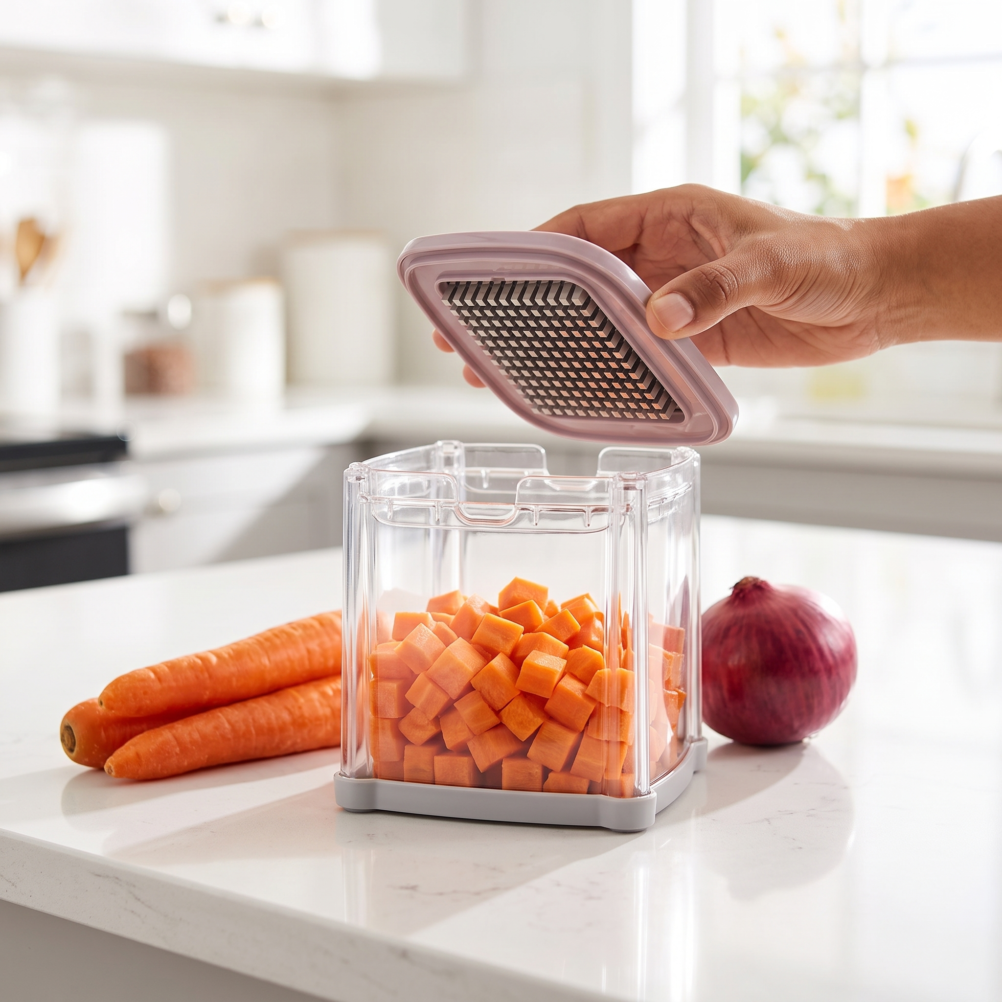 DicePress lifting lid to reveal diced carrots