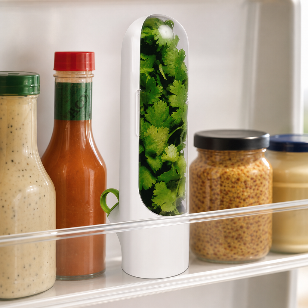 HerbPod on fridge shelf with condiments