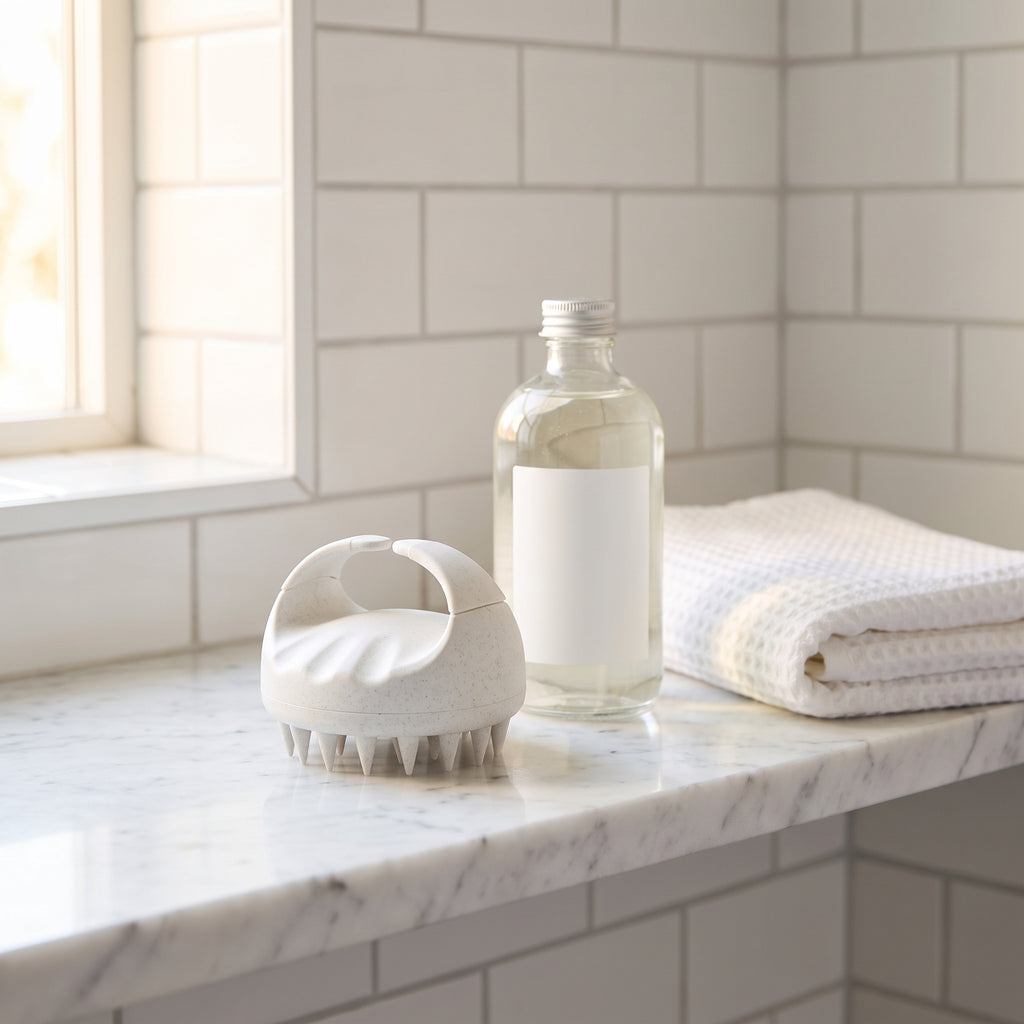 ScalpBloom on bathroom shelf