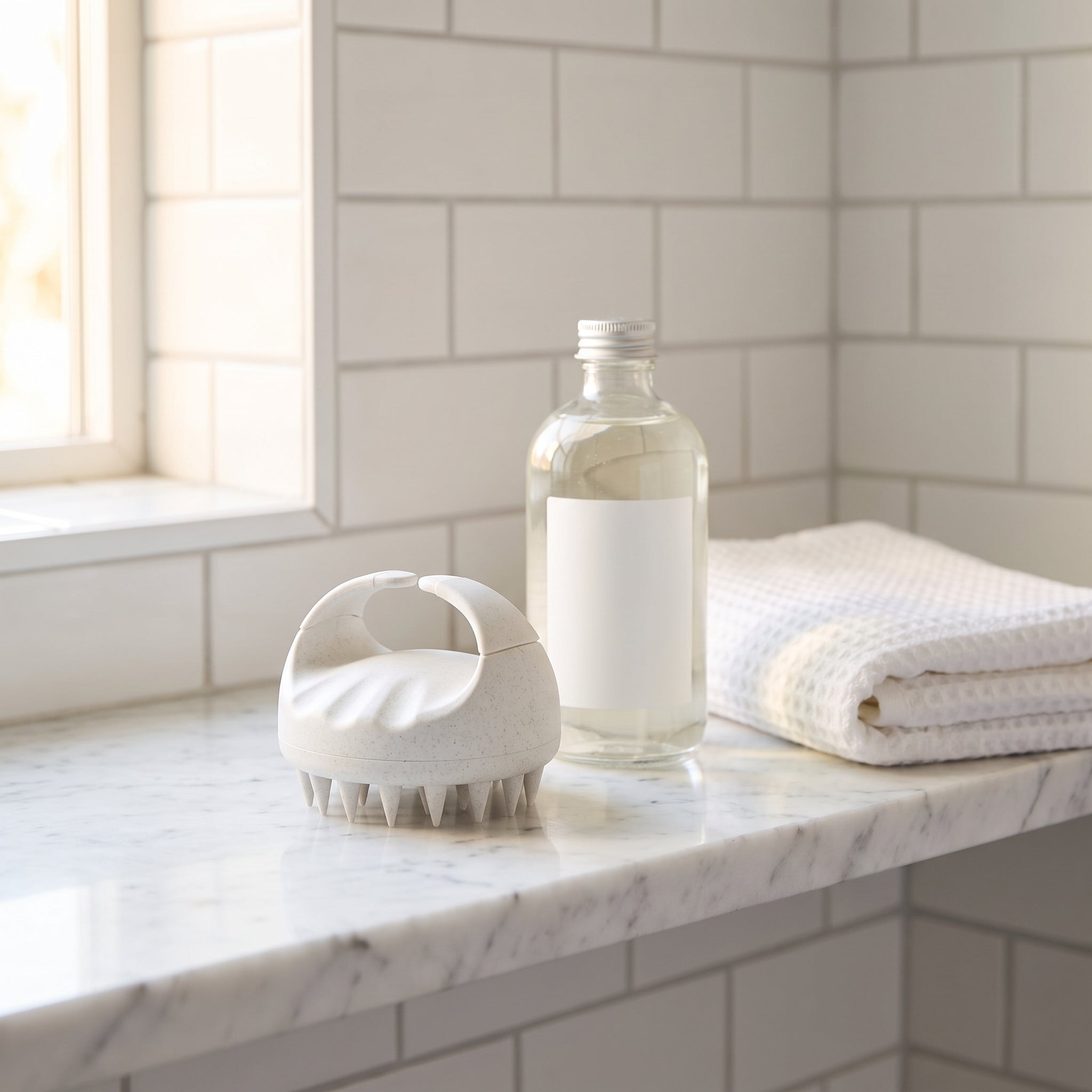 ScalpBloom on bathroom shelf