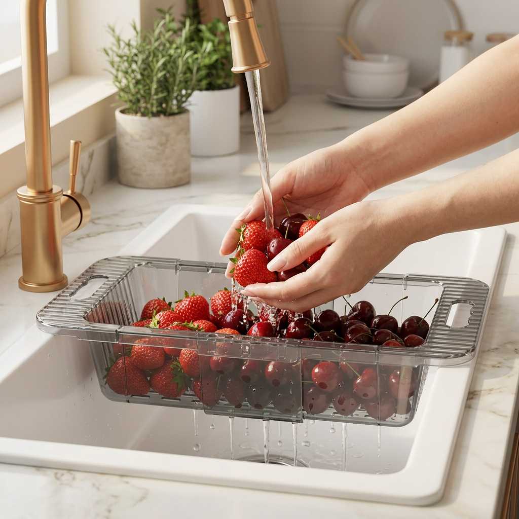 FlexiRinse rinsing fruit in sink