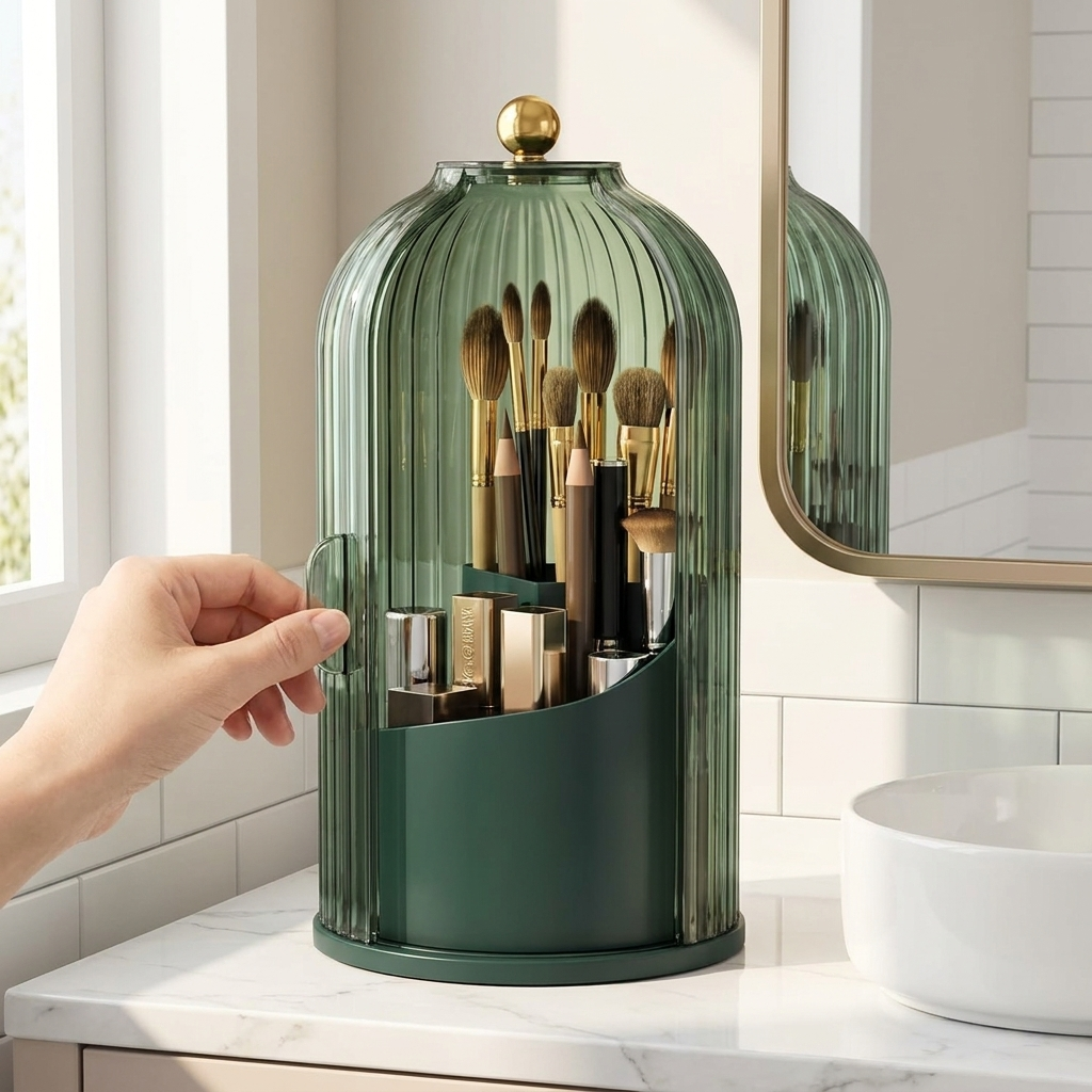 Twirly rotating organizer - hero shot, sliding door open