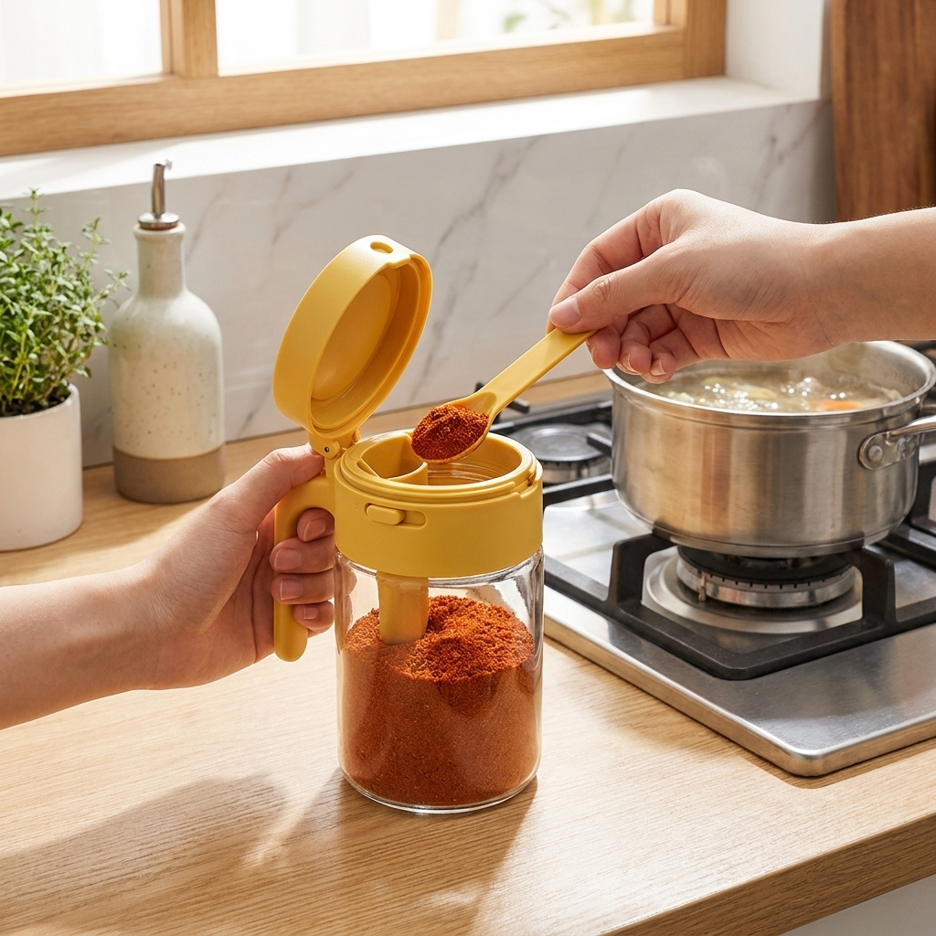 SwirlJar hero - scooping seasoning with built-in spoon