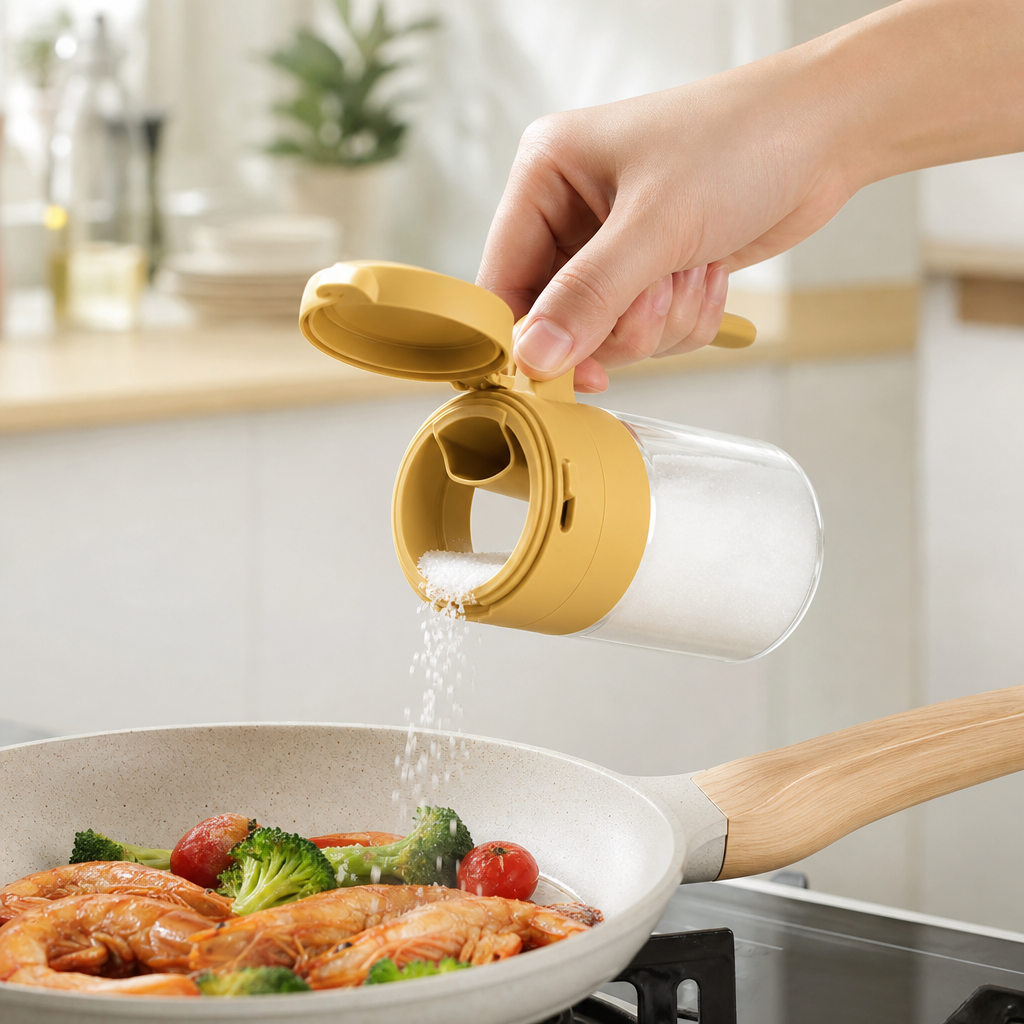 SwirlJar pouring seasoning over food alt angle