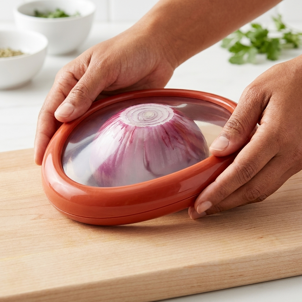 VeggieVault hero - dome sealed over cut onion