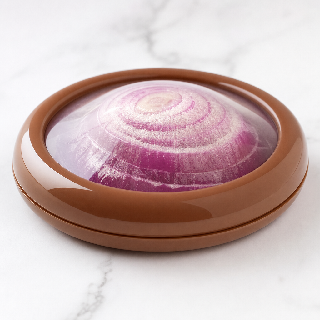 VeggieVault brown dome over cut onion close up